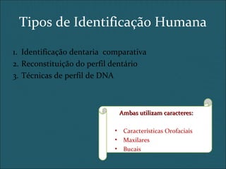 Tipos de Identificação Humana
1. Identificação dentaria comparativa
2. Reconstituição do perfil dentário
3. Técnicas de perfil de DNA
Ambas utilizam caracteres:Ambas utilizam caracteres:
• Características Orofaciais
• Maxilares
• Bucais
 