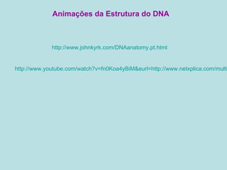 http://www.johnkyrk.com/DNAanatomy.pt.html Animações da Estrutura do DNA http://www.youtube.com/watch?v=fn0Koa4yBiM&eurl=http://www.netxplica.com/multimedia/youtube/11BIO.VI.crescimento.e.renovacao.celular 