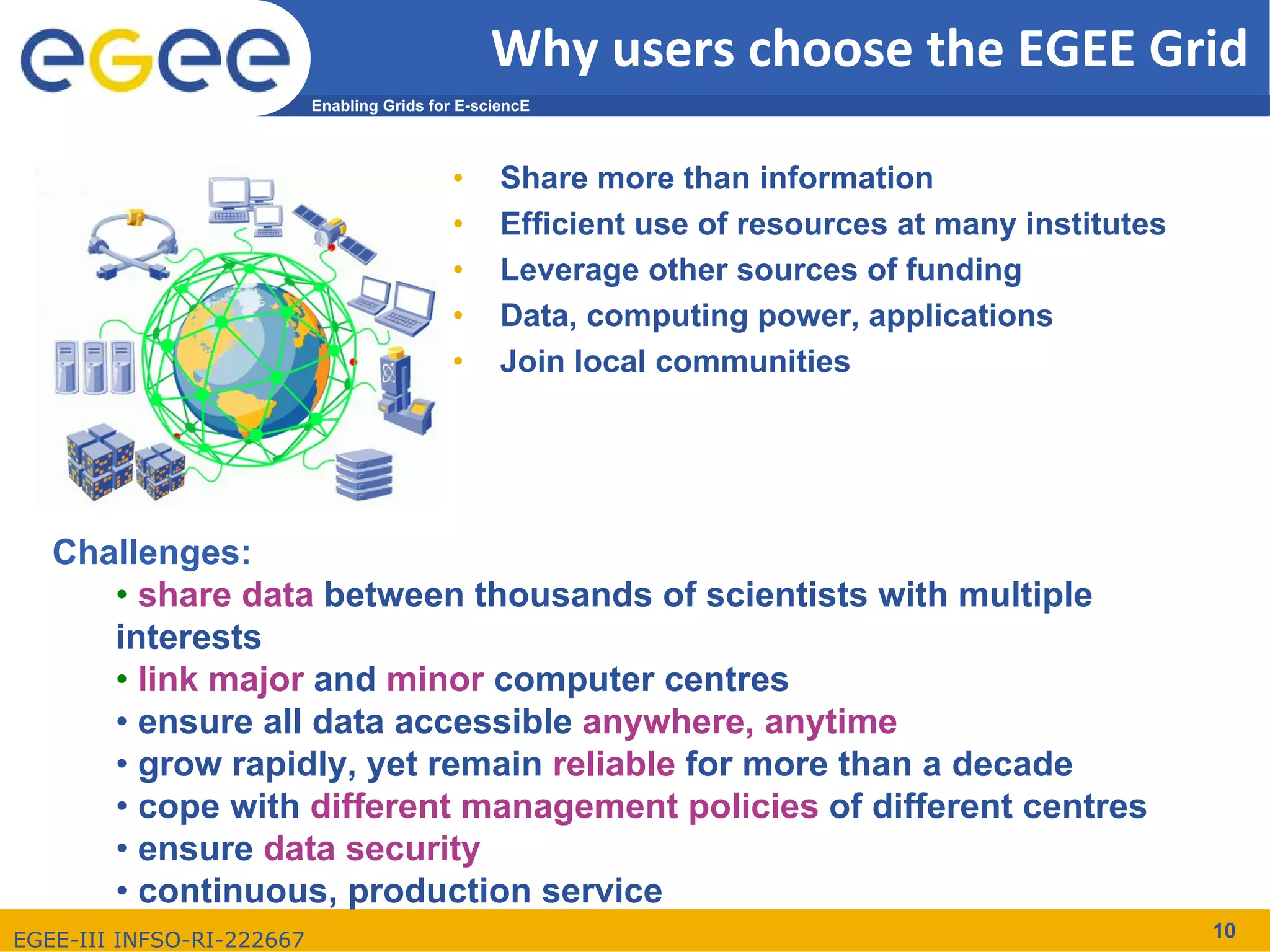 Why users choose the EGEE Grid
                           Enabling Grids for E-sciencE



                                             •     Share more than information
                                             •     Efficient use of resources at many institutes
                                             •     Leverage other sources of funding
                                             •     Data, computing power, applications
                                             •     Join local communities




   Challenges:
      • share data between thousands of scientists with multiple
      interests
      • link major and minor computer centres
      • ensure all data accessible anywhere, anytime
      • grow rapidly, yet remain reliable for more than a decade
      • cope with different management policies of different centres
      • ensure data security
      • continuous, production service
EGEE-III INFSO-RI-222667                                                                           10
 