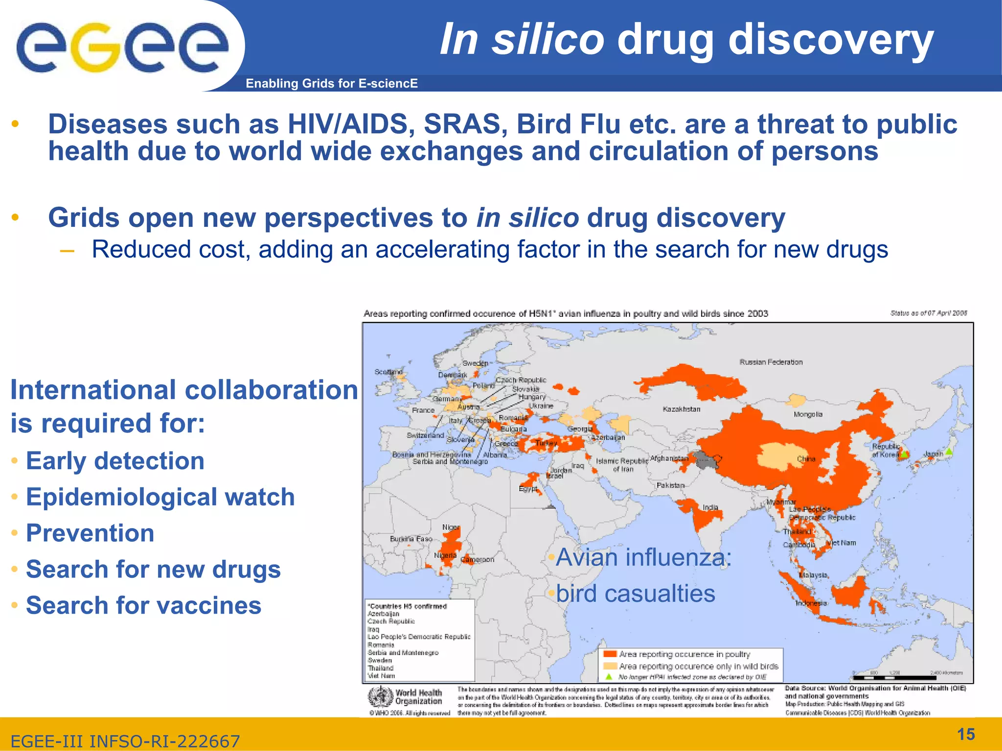 In silico drug discovery
                           Enabling Grids for E-sciencE


•   Diseases such as HIV/AIDS, SRAS, Bird Flu etc. are a threat to public
    health due to world wide exchanges and circulation of persons

•   Grids open new perspectives to in silico drug discovery
     – Reduced cost, adding an accelerating factor in the search for new drugs




International collaboration
is required for:
• Early detection
• Epidemiological watch
• Prevention
• Search for new drugs                                         •Avian influenza:
• Search for vaccines                                          •bird casualties




EGEE-III INFSO-RI-222667                                                             15
 