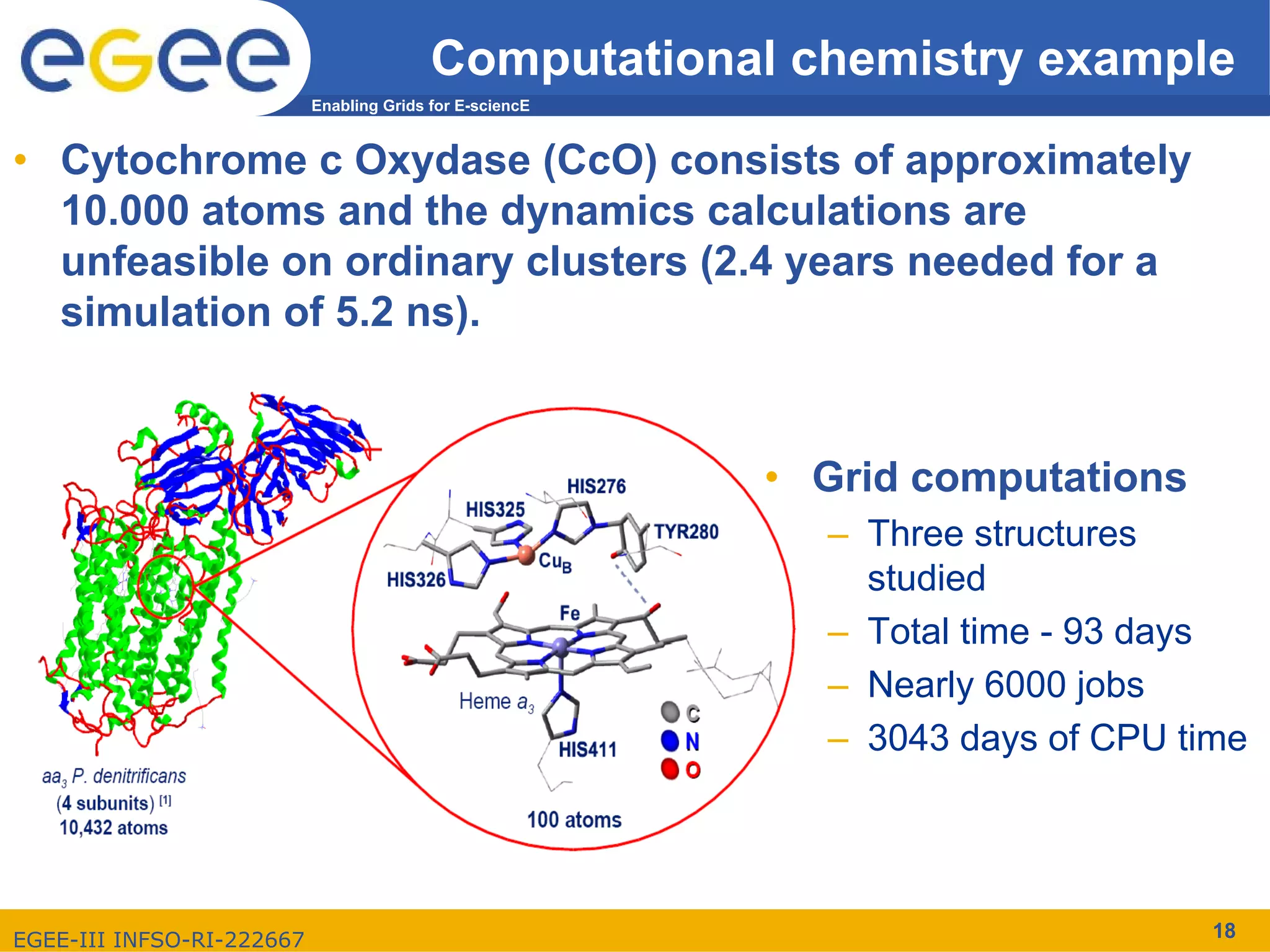 Computational chemistry example
                           Enabling Grids for E-sciencE


• Cytochrome c Oxydase (CcO) consists of approximately
  10.000 atoms and the dynamics calculations are
  unfeasible on ordinary clusters (2.4 years needed for a
  simulation of 5.2 ns).


                                                          • Grid computations
                                                            – Three structures
                                                              studied
                                                            – Total time - 93 days
                                                            – Nearly 6000 jobs
                                                            – 3043 days of CPU time




EGEE-III INFSO-RI-222667                                                         18
 