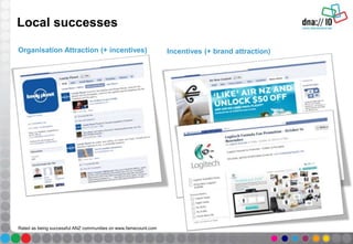 Local successes
Organisation Attraction (+ incentives) Incentives (+ brand attraction)
Rated as being successful ANZ communities on www.famecount.com
 