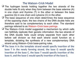The Watson–Crick Model
 The hydrogen bonds holding together the two strands of the
double helix fit only when they form between the base adenine (A)
in one chain and thymine (T) in the other or between the base
guanine (G) in one chain and cytosine (C) in the other.
 The base sequence of one chain determines the base sequence
of the opposing chain; the two chains of the DNA double helix are
therefore said to be complementary to each other. The standard
pairings referred to as Watson–Crick base pairings.
 The Watson–Crick model suggested a mechanism by which cells
can faithfully replicate their genetic information: the two strands of
the DNA double helix could simply separate from each other
before cell division so that each strand could function as a
template, dictating the synthesis of a new complementary DNA
strand using Watson–Crick base-pairing rules.
 The base A in the template strand would specify insertion of the
base T in the newly forming strand, the base G would specify
insertion of the base C, the base T would specify insertion of the
base A, and the base C would specify insertion of the base G.
 