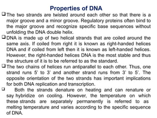 Properties of DNA
The two strands are twisted around each other so that there is a
major groove and a minor groove. Regulatory proteins often bind to
the major groove and recognize specific base sequences without
unfolding the DNA double helix.
DNA is made up of two helical strands that are coiled around the
same axis. If coiled from right it is known as right-handed helices
DNA and if coiled from left then it is known as left-handed helices.
However, the right-handed helices DNA is the most stable and thus
the structure of it is to be referred to as the standard.
The two chains of helices run antiparallel to each other. Thus, one
strand runs 5’ to 3’ and another strand runs from 3’ to 5’. The
opposite orientation of the two strands has important implications
for both DNA replication and transcription.
 Both the strands denature on heating and can renature or
say hybridize on cooling. However, the temperature on which
these strands are separately permanently is referred to as
melting temperature and varies according to the specific sequence
of DNA.
 