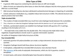 Bent DNA
 In general, DNA sequences containing the adenine base are stiff and straight.
 When A-tracts are replaced by other bases or when the helix collapses into the minor groove of A-tract,
DNA has a curved shape.
 DNA structural bending has also been attributed to photochemical damage or mispairing of nucleotides.
 Certain anticancer medications (e.g. cisplatin) induce bent structure in DNA. This altered structure can
absorb proteins that harm DNA.
Triple-stranded DNA
 The creation of triple-stranded DNA may result from extra hydrogen bonds between the nucleotides.
 Thus, a thymine can make two Hoogsteen hydrogen bonds with the adenine in an A-T pair to generate T-A-T.
 Similarly, a protonated cytosine can establish two hydrogen bonds with guanine of G–C pairings,
resulting in the formation of C–G–C.
 The triple helix is less stable than the double helix. This is because the triple helix’s three
negatively charged backbone strands result in a greater electrostatic repulsion.
An outline of Hoogsteen triple helical structure of DNA.
Four-stranded DNA
 Extremely guanine-rich polynucleotides can create a unique tetrameric structure known as G-
quartets.
 Hoogsteen hydrogen bonds hold these planar structures together.
 G-tetraplexes, antiparallel four-stranded DNA structures, have also been found.
 The telomeres at the ends of eukaryotic chromosomes, which are rich in guanine, create G-
tetraplexes.
 In recent years, anti-cancer chemotherapies have focused on telomeres.
Other Types of DNA
 