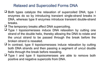 Relaxed and Supercoiled Forms DNA
 Both types catalyze the relaxation of supercoiled DNA; type I
enzymes do so by introducing transient single-strand breaks in
DNA, whereas type II enzymes introduce transient double-strand
breaks.
 The temporary breaks affect DNA supercoiling.
 Type I topoisomerases induce DNA relaxation by cutting one
strand of the double helix, thereby allowing the DNA to rotate and
the uncut strand to be passed through the break before the
broken strand is resealed.
 In contrast, type II topoisomerases induce relaxation by cutting
both DNA strands and then passing a segment of uncut double
helix through the break before resealing.
 Type I and type II topoisomerases are able to remove both
positive and negative supercoils from DNA.
 