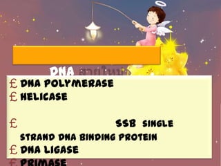 DNA
£ DNA polymerase
£ Helicase

£                     SSB single
    strand DNA binding protein
£ DNA ligase
 