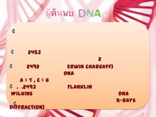 ¢


¢     2453
                          2
¢    2492       Erwin Chargaff)
               DNA
    A=T,C=G
¢ . .2493       Flanklin
 Wilkins                           DNA
                                  X-rays
 ¢
diffraction)
 