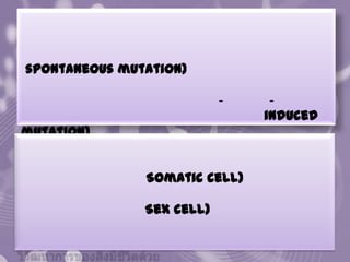 spontaneous mutation)

                              -   -
                                  induced
mutation)
       mutagen)

                  Somatic cell)

                  Sex cell)
 
