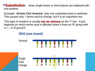 SubstitutionSubstitution: when single bases or short pieces are replaced with
one another.
Example: Sickle-Cell Anemia, only one nucleotide base is switched.
This causes only 1 amino acid to change, but it is an important one.
This type of mutation is usually not as seriousnot as serious as the 1st
two. It just
depends on which amino acid is affected (does it have an ‘R’ group with
a +,-, or S group?)
 