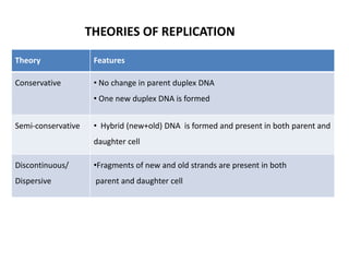 THEORIES OF REPLICATION
Theory Features
Conservative • No change in parent duplex DNA
• One new duplex DNA is formed
Semi-conservative • Hybrid (new+old) DNA is formed and present in both parent and
daughter cell
Discontinuous/
Dispersive
•Fragments of new and old strands are present in both
parent and daughter cell
 