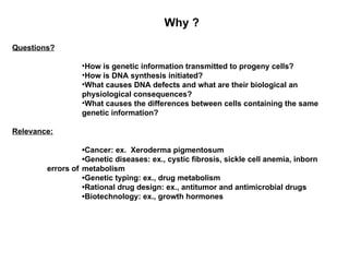 Why ?

Questions?

                 •How is genetic information transmitted to progeny cells?
                 •How is DNA synthesis initiated?
                 •What causes DNA defects and what are their biological an
                 physiological consequences?
                 •What causes the differences between cells containing the same
                 genetic information?

Relevance:

                  •Cancer: ex. Xeroderma pigmentosum
                  •Genetic diseases: ex., cystic fibrosis, sickle cell anemia, inborn
        errors of metabolism
                  •Genetic typing: ex., drug metabolism
                  •Rational drug design: ex., antitumor and antimicrobial drugs
                  •Biotechnology: ex., growth hormones
 