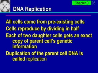 DNA Replication All cells come from pre-existing cells Cells reproduce by dividing in half Each of two daughter cells gets an exact copy of parent cell’s genetic information Duplication of the parent cell DNA is called  replication 