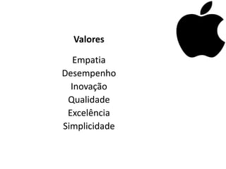 Valores

   Empatia
Desempenho
  Inovação
 Qualidade
 Excelência
Simplicidade
 
