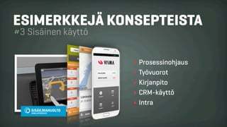 ESIMERKKEJÄ KONSEPTEISTA
#3 Sisäinen käyttö
‣ Prosessinohjaus
‣ Työvuorot
‣ Kirjanpito
‣ CRM-käyttö
‣ Intra
 