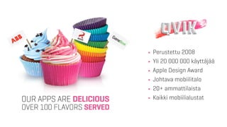 · Perustettu 2008
· Yli 20 000 000 käyttäjää
· Apple Design Award
· Johtava mobiilitalo
· 20+ ammattilaista
· Kaikki mobiilialustat
 