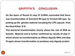 GRIFFITH’S CONCLUSION
On the basis of Result of step IV Griffith concluded that there
was transformation of Avirulent RII type to Virulent SIII type by
picking up the genetic material encoding the LPS capsule from
the Heat Killed S III .
This bacterial transformation clearly shows the role of DNA as
Genetic Material and is further confirmed by results of step V
which shows no transformation as DNase digests DNA and step
VI again shows transformation as protease only digests protein
06/19/1311
 