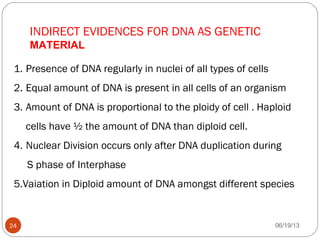 INDIRECT EVIDENCES FOR DNA AS GENETIC
MATERIAL
1. Presence of DNA regularly in nuclei of all types of cells
2. Equal amount of DNA is present in all cells of an organism
3. Amount of DNA is proportional to the ploidy of cell . Haploid
cells have ½ the amount of DNA than diploid cell.
4. Nuclear Division occurs only after DNA duplication during
S phase of Interphase
5.Vaiation in Diploid amount of DNA amongst different species
06/19/1324
 