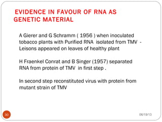 EVIDENCE IN FAVOUR OF RNA AS
GENETIC MATERIAL
A Gierer and G Schramm ( 1956 ) when inoculated
tobacco plants with Purified RNA isolated from TMV -
Leisons appeared on leaves of healthy plant
H Fraenkel Conrat and B Singer (1957) separated
RNA from protein of TMV in first step .
In second step reconstituted virus with protein from
mutant strain of TMV
06/19/1330
 