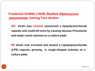 Frederick Griffith (1928) Studied Diplococcus
pneumoniae, having Two strains
SIII strain was virulent, possessed a lipopolysaccharide
capsule and could kill mice by causing disease Pneumonia
and made round colonies on a culture plate
RII strain was avirulent and lacked a Lipopolysaccharide
(LPS) capsule, growing in rough–shaped colonies on a
culture plate
06/19/136
 