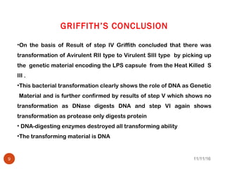 GRIFFITH’S CONCLUSION
•On the basis of Result of step IV Griffith concluded that there was
transformation of Avirulent RII type to Virulent SIII type by picking up
the genetic material encoding the LPS capsule from the Heat Killed S
III .
•This bacterial transformation clearly shows the role of DNA as Genetic
Material and is further confirmed by results of step V which shows no
transformation as DNase digests DNA and step VI again shows
transformation as protease only digests protein
• DNA-digesting enzymes destroyed all transforming ability
•The transforming material is DNA
11/11/169
 
