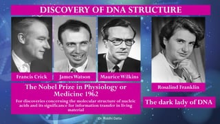 The Nobel Prize in Physiology or
Medicine 1962
For discoveries concerning the molecular structure of nucleic
acids and its significance for information transfer in living
material
Dr. Riddhi Datta
DISCOVERY OF DNA STRUCTURE
Francis Crick JamesWatson MauriceWilkins
Rosalind Franklin
The dark lady of DNA
 