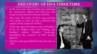 Dr. Riddhi Datta
DISCOVERY OF DNA STRUCTURE
• At the same time when Franklin was conducting
her experiments, Watson and Crick were also
trying to understand the structure of DNA.
• They made 3D models of DNA using cards but
were unable to come up with a structure that
explains all the properties of DNA.
• At this time they were shown a copy of Franklin’s
X-rays by Wilkins (who was working with
Franklin) without Franklin’s knowledge.
Immediately the structure of DNA became
apparent.
• Both the works got published at the same time, in
1953.
 
