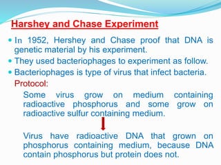 Harshey and Chase Experiment
 In 1952, Hershey and Chase proof that DNA is
genetic material by his experiment.
 They used bacteriophages to experiment as follow.
 Bacteriophages is type of virus that infect bacteria.
Protocol:
Some virus grow on medium containing
radioactive phosphorus and some grow on
radioactive sulfur containing medium.
Virus have radioactive DNA that grown on
phosphorus containing medium, because DNA
contain phosphorus but protein does not.
 
