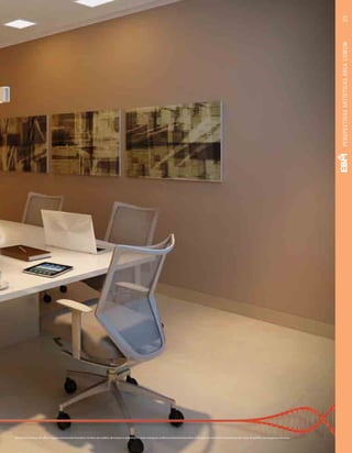 Perspectiva artística do office. Imagem meramente ilustrativa. Os itens de mobília, decoração e acabamento serão entregues conforme memorial descritivo. A locação de elementos estruturais pode variar de acordo com exigências técnicas.
23PERSPECTIVASARTÍSTICASÁREACOMUM
 