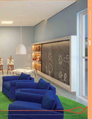 Perspectiva artística da brinquedoteca. Imagem meramente ilustrativa. Os itens de mobília, decoração e acabamento serão entregues conforme memorial descritivo. A locação de elementos estruturais pode variar de acordo com exigências técnicas.
27PERSPECTIVASARTÍSTICASÁREACOMUM
 