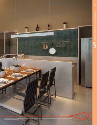 Perspectiva artística do espaço gourmet cobertura. Imagem meramente ilustrativa. Os itens de mobília, decoração e acabamento serão entregues conforme memorial descritivo. A locação de elementos estruturais
pode variar de acordo com exigências técnicas.
43PERSPECTIVASARTÍSTICASÁREACOMUM
 