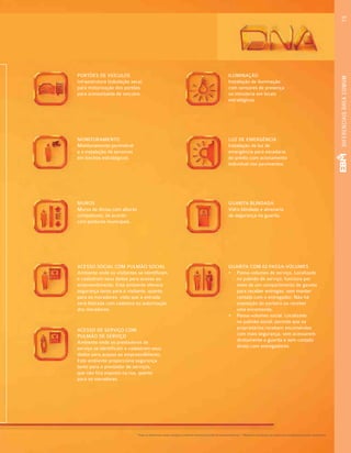 *Todos os diferenciais serão entregues conforme memorial descritio do empreendimento. **Mediante contratação de empresa de monitoramento pelo condomínio.
75DIFERENCIAISÁREACOMUM
MONITORAMENTO
Monitoramento perimetral
e a instalação de sensores
em trechos estratégicos.
MUROS
Muros de divisa com alturas
compatíveis, de acordo
com posturas municipais.
PORTÕES DE VEÍCULOS
Infraestrutura (tubulação seca)
para motorização dos portões
para acesso/saída de veículos.
ACESSO SOCIAL COM PULMÃO SOCIAL
Ambiente onde os visitantes se identificam
e cadastram seus dados para acesso ao
empreendimento. Este ambiente oferece
segurança tanto para o visitante, quanto
para os moradores, visto que a entrada
será liberada com cadastro ou autorização
dos moradores.
ACESSO DE SERVIÇO COM
PULMÃO DE SERVIÇO
Ambiente onde os prestadores de
serviço se identificam e cadastram seus
dados para acesso ao empreendimento.
Este ambiente proporciona segurança
tanto para o prestador de serviços,
que não fica exposto na rua, quanto
para os moradores.
GUARITA COM 02 PASSA-VOLUMES
•	 Passa-volumes de serviço. Localizado
no pulmão de serviço, funciona por
meio de um compartimento de gaveta
para receber entregas, sem manter
contato com o entregador. Não há
exposição do porteiro ao receber
uma encomenda.
•	 Passa-volumes social. Localizado
no pulmão social, permite que os
proprietários recebam encomendas
com mais segurança, sem acessarem
diretamente a guarita e sem contato
direto com entregadores.
ILUMINAÇÃO
Instalação de iluminação
com sensores de presença
ou minuteria em locais
estratégicos.
LUZ DE EMERGÊNCIA
Instalação de luz de
emergência para escadaria
do prédio com acionamento
individual nos pavimentos.
GUARITA BLINDADA
Vidro blindado e alvenaria
de segurança na guarita.
 