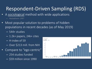 Respondent-Driven Sampling (RDS)
• A sociological method with wide applications
– Heckathorn 1997
• Most popular solution to problems of hidden
populations in recent decades (as of May 2019)
– 544+ studies
– 1.2k+ papers, 24k+ cites
– H-index of 59
– Over $213 mill. from NIH
• Compare to “ego centric”
– 254 studies funded
– $59 million since 1990
 