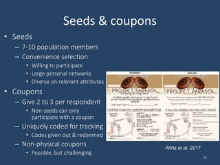 Seeds & coupons
19
Wirtz et al. 2017
• Seeds
– 7-10 population members
– Convenience selection
• Willing to participate
• Large personal networks
• Diverse on relevant attributes
• Coupons
– Give 2 to 3 per respondent
• Non-seeds can only
participate with a coupon
– Uniquely coded for tracking
• Codes given out & redeemed
– Non-physical coupons
• Possible, but challenging
 