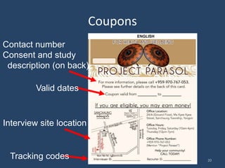 Coupons
Ashton M. Verdery 20
Contact number
Consent and study
description (on back)
Valid dates
Interview site location
Tracking codes
 
