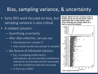 • Early RDS work focused on bias, but
sampling variance is also critical
• A related concern:
– Quantifying uncertainty
– After data collection, can you say:
• How biased your sample is?
• How results would vary sample to sample?
– Key feature of inferential statistics
• E.g., if sampling conformed to
assumptions, we can provide a confidence
interval for an estimate and be reasonably
sure the confidence interval is accurate
• Is this true in RDS?
Bias, sampling variance, & uncertainty
37
 