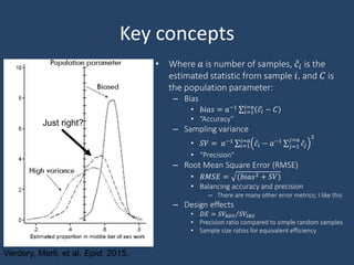 Key concepts
• Where 𝑎 is number of samples, 𝑐𝑖 is the
estimated statistic from sample 𝑖, and 𝐶 is
the population parameter:
– Bias
• 𝑏𝑖𝑎𝑠 = 𝑎−1
𝑖=1
𝑖=𝑎
𝑐𝑖 − 𝐶
• “Accuracy”
– Sampling variance
• 𝑆𝑉 = 𝑎−1
𝑖=1
𝑖=𝑎
𝑐𝑖 − 𝑎−1
𝑗=1
𝑗=𝑎
𝑐𝑗
2
• “Precision”
– Root Mean Square Error (RMSE)
• 𝑅𝑀𝑆𝐸 = (𝑏𝑖𝑎𝑠2 + 𝑆𝑉)
• Balancing accuracy and precision
– There are many other error metrics; I like this
– Design effects
• 𝐷𝐸 = 𝑆𝑉𝑅𝐷𝑆 𝑆𝑉𝑆𝑅𝑆
• Precision ratio compared to simple random samples
• Sample size ratios for equivalent efficiency
Verdery, Merli, et al. Epid. 2015.
Just right?
 
