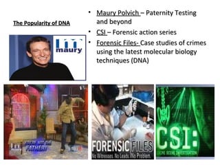 TThhee PPooppuullaarriittyy ooff DDNNAA 
• MMaauurryy PPoollvviicchh –– PPaatteerrnniittyy TTeessttiinngg 
aanndd bbeeyyoonndd 
• CCSSII –– FFoorreennssiicc aaccttiioonn sseerriieess 
• FFoorreennssiicc FFiilleess-- CCaassee ssttuuddiieess ooff ccrriimmeess 
uussiinngg tthhee llaatteesstt mmoolleeccuullaarr bbiioollooggyy 
tteecchhnniiqquueess ((DDNNAA)) 
 