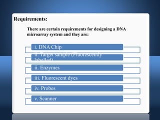 7
i. DNA Chip
ii. Target sample (Fluorescently
labelled)
ii. Enzymes
iii. Fluorescent dyes
iv. Probes
v. Scanner
Requirements:
There are certain requirements for designing a DNA
microarray system and they are:
 