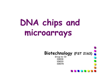 DNA chips and
microarrays
Biotechnology (FST 2163)
Group no: 02
108018
108019
108078
 