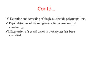 Contd…
IV. Detection and screening of single nucleotide polymorphisms.
V. Rapid detection of microorganisms for environmental
monitoring.
VI. Expression of several genes in prokaryotes has been
identified.
 