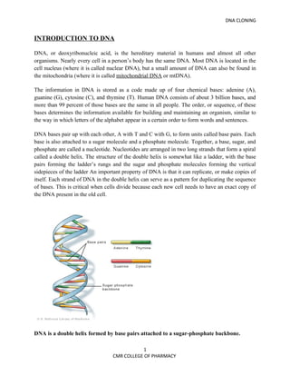 DNA CLONING


INTRODUCTION TO DNA

DNA, or deoxyribonucleic acid, is the hereditary material in humans and almost all other
organisms. Nearly every cell in a person’s body has the same DNA. Most DNA is located in the
cell nucleus (where it is called nuclear DNA), but a small amount of DNA can also be found in
the mitochondria (where it is called mitochondrial DNA or mtDNA).

The information in DNA is stored as a code made up of four chemical bases: adenine (A),
guanine (G), cytosine (C), and thymine (T). Human DNA consists of about 3 billion bases, and
more than 99 percent of those bases are the same in all people. The order, or sequence, of these
bases determines the information available for building and maintaining an organism, similar to
the way in which letters of the alphabet appear in a certain order to form words and sentences.

DNA bases pair up with each other, A with T and C with G, to form units called base pairs. Each
base is also attached to a sugar molecule and a phosphate molecule. Together, a base, sugar, and
phosphate are called a nucleotide. Nucleotides are arranged in two long strands that form a spiral
called a double helix. The structure of the double helix is somewhat like a ladder, with the base
pairs forming the ladder’s rungs and the sugar and phosphate molecules forming the vertical
sidepieces of the ladder An important property of DNA is that it can replicate, or make copies of
itself. Each strand of DNA in the double helix can serve as a pattern for duplicating the sequence
of bases. This is critical when cells divide because each new cell needs to have an exact copy of
the DNA present in the old cell.




DNA is a double helix formed by base pairs attached to a sugar-phosphate backbone.

                                             1
                                  CMR COLLEGE OF PHARMACY
 
