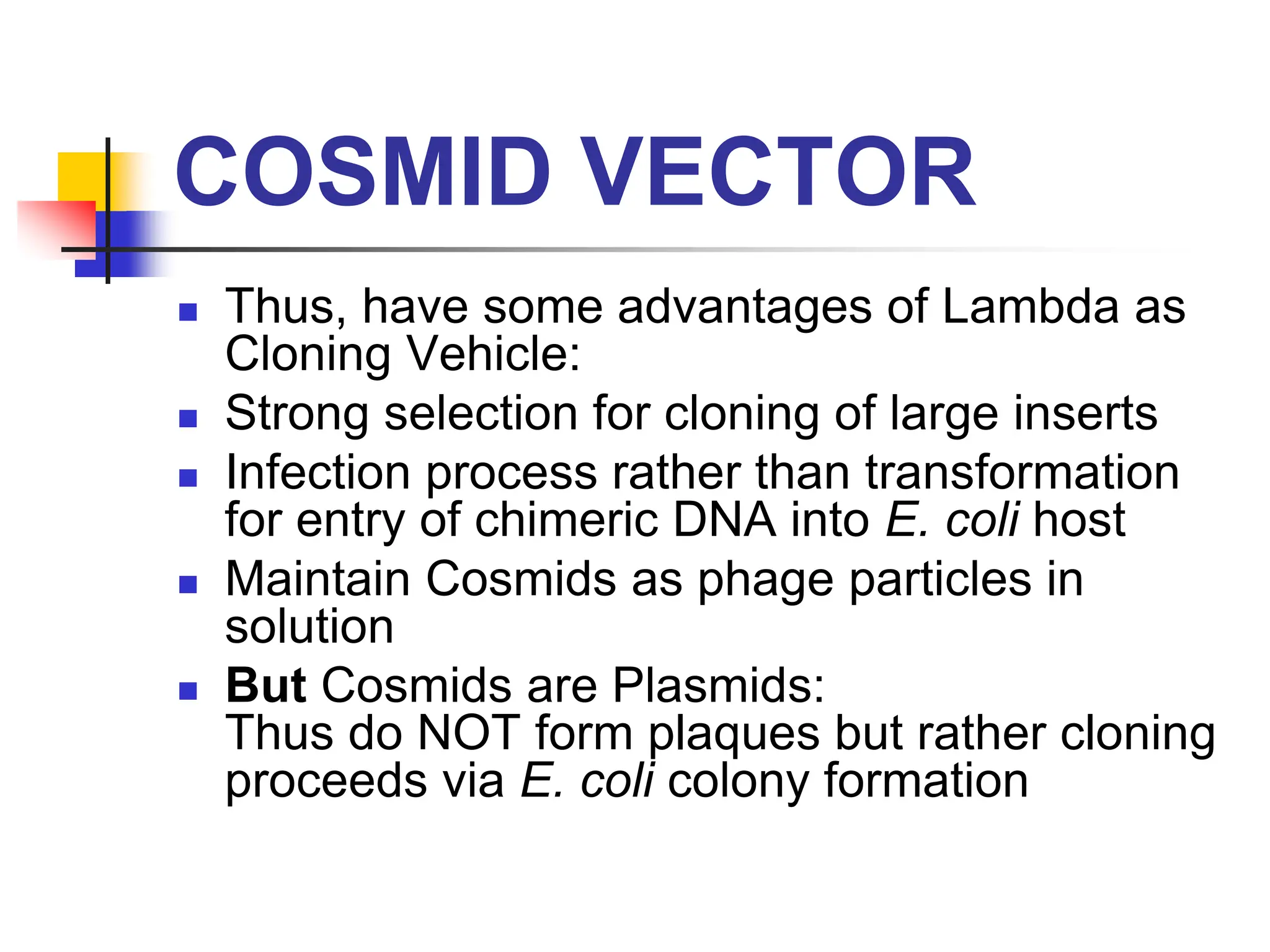 COSMID VECTOR
 Thus, have some advantages of Lambda as
Cloning Vehicle:
 Strong selection for cloning of large inserts
 Infection process rather than transformation
for entry of chimeric DNA into E. coli host
 Maintain Cosmids as phage particles in
solution
 But Cosmids are Plasmids:
Thus do NOT form plaques but rather cloning
proceeds via E. coli colony formation
 
