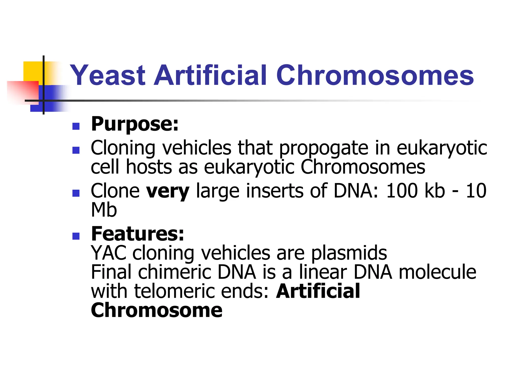 Yeast Artificial Chromosomes
 Purpose:
 Cloning vehicles that propogate in eukaryotic
cell hosts as eukaryotic Chromosomes
 Clone very large inserts of DNA: 100 kb - 10
Mb
 Features:
YAC cloning vehicles are plasmids
Final chimeric DNA is a linear DNA molecule
with telomeric ends: Artificial
Chromosome
 