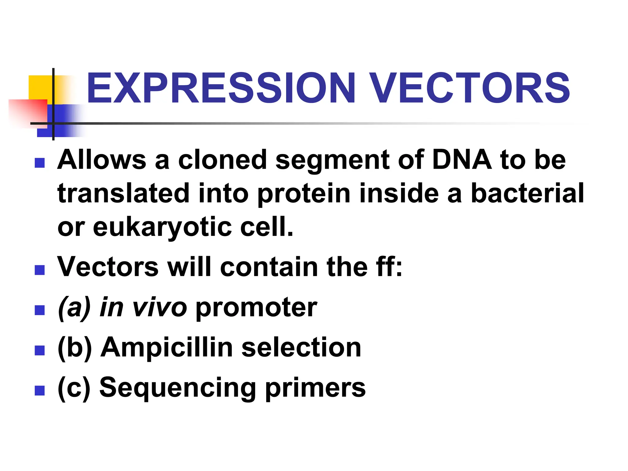EXPRESSION VECTORS
 Allows a cloned segment of DNA to be
translated into protein inside a bacterial
or eukaryotic cell.
 Vectors will contain the ff:
 (a) in vivo promoter
 (b) Ampicillin selection
 (c) Sequencing primers
 