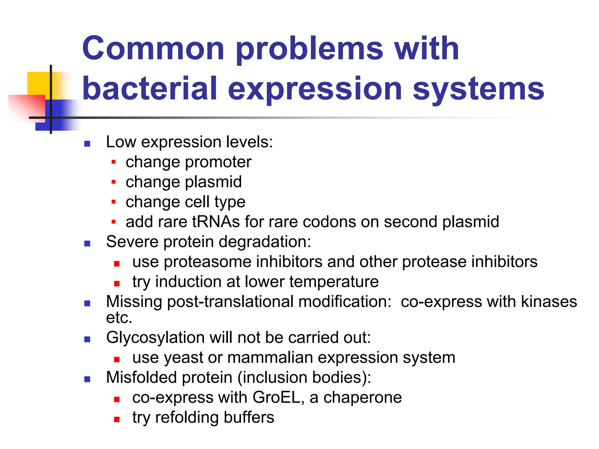 Common problems with
bacterial expression systems
 Low expression levels:
▪ change promoter
▪ change plasmid
▪ change cell type
▪ add rare tRNAs for rare codons on second plasmid
 Severe protein degradation:
 use proteasome inhibitors and other protease inhibitors
 try induction at lower temperature
 Missing post-translational modification: co-express with kinases
etc.
 Glycosylation will not be carried out:
 use yeast or mammalian expression system
 Misfolded protein (inclusion bodies):
 co-express with GroEL, a chaperone
 try refolding buffers
 