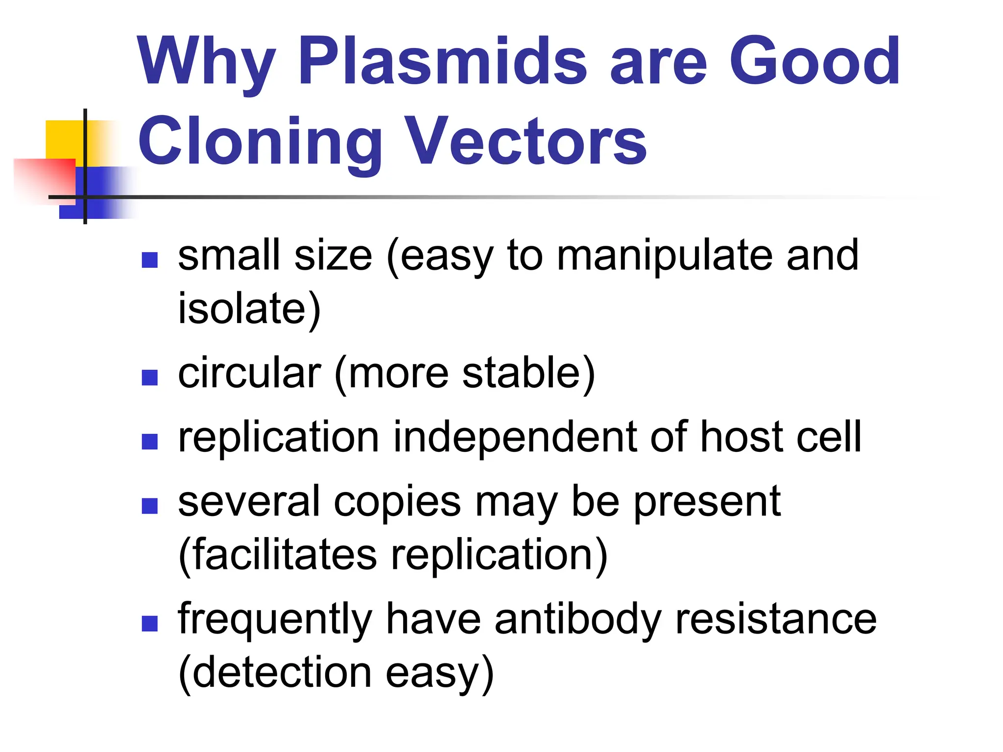 Why Plasmids are Good
Cloning Vectors
 small size (easy to manipulate and
isolate)
 circular (more stable)
 replication independent of host cell
 several copies may be present
(facilitates replication)
 frequently have antibody resistance
(detection easy)
 