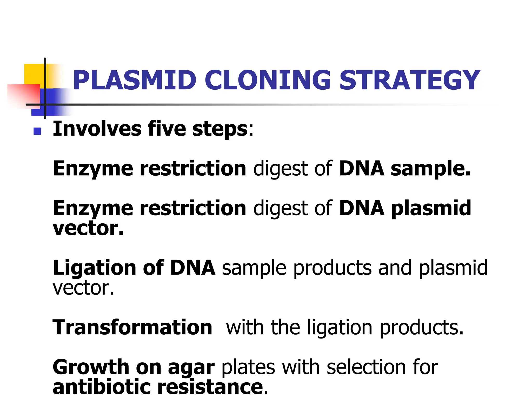 PLASMID CLONING STRATEGY
 Involves five steps:
Enzyme restriction digest of DNA sample.
Enzyme restriction digest of DNA plasmid
vector.
Ligation of DNA sample products and plasmid
vector.
Transformation with the ligation products.
Growth on agar plates with selection for
antibiotic resistance.
 