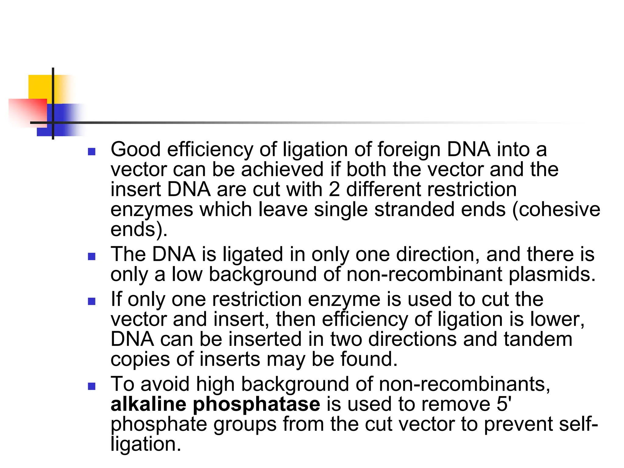  Good efficiency of ligation of foreign DNA into a
vector can be achieved if both the vector and the
insert DNA are cut with 2 different restriction
enzymes which leave single stranded ends (cohesive
ends).
 The DNA is ligated in only one direction, and there is
only a low background of non-recombinant plasmids.
 If only one restriction enzyme is used to cut the
vector and insert, then efficiency of ligation is lower,
DNA can be inserted in two directions and tandem
copies of inserts may be found.
 To avoid high background of non-recombinants,
alkaline phosphatase is used to remove 5'
phosphate groups from the cut vector to prevent self-
ligation.
 
