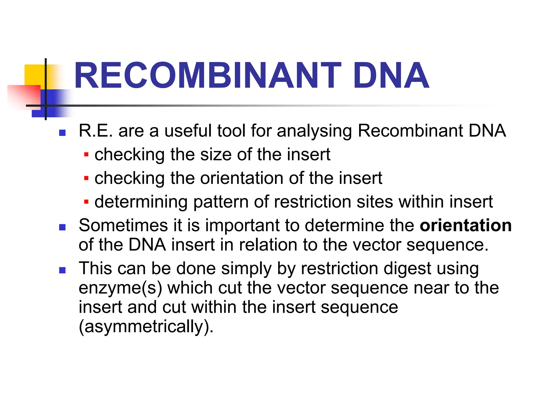 RECOMBINANT DNA
 R.E. are a useful tool for analysing Recombinant DNA
▪ checking the size of the insert
▪ checking the orientation of the insert
▪ determining pattern of restriction sites within insert
 Sometimes it is important to determine the orientation
of the DNA insert in relation to the vector sequence.
 This can be done simply by restriction digest using
enzyme(s) which cut the vector sequence near to the
insert and cut within the insert sequence
(asymmetrically).
 